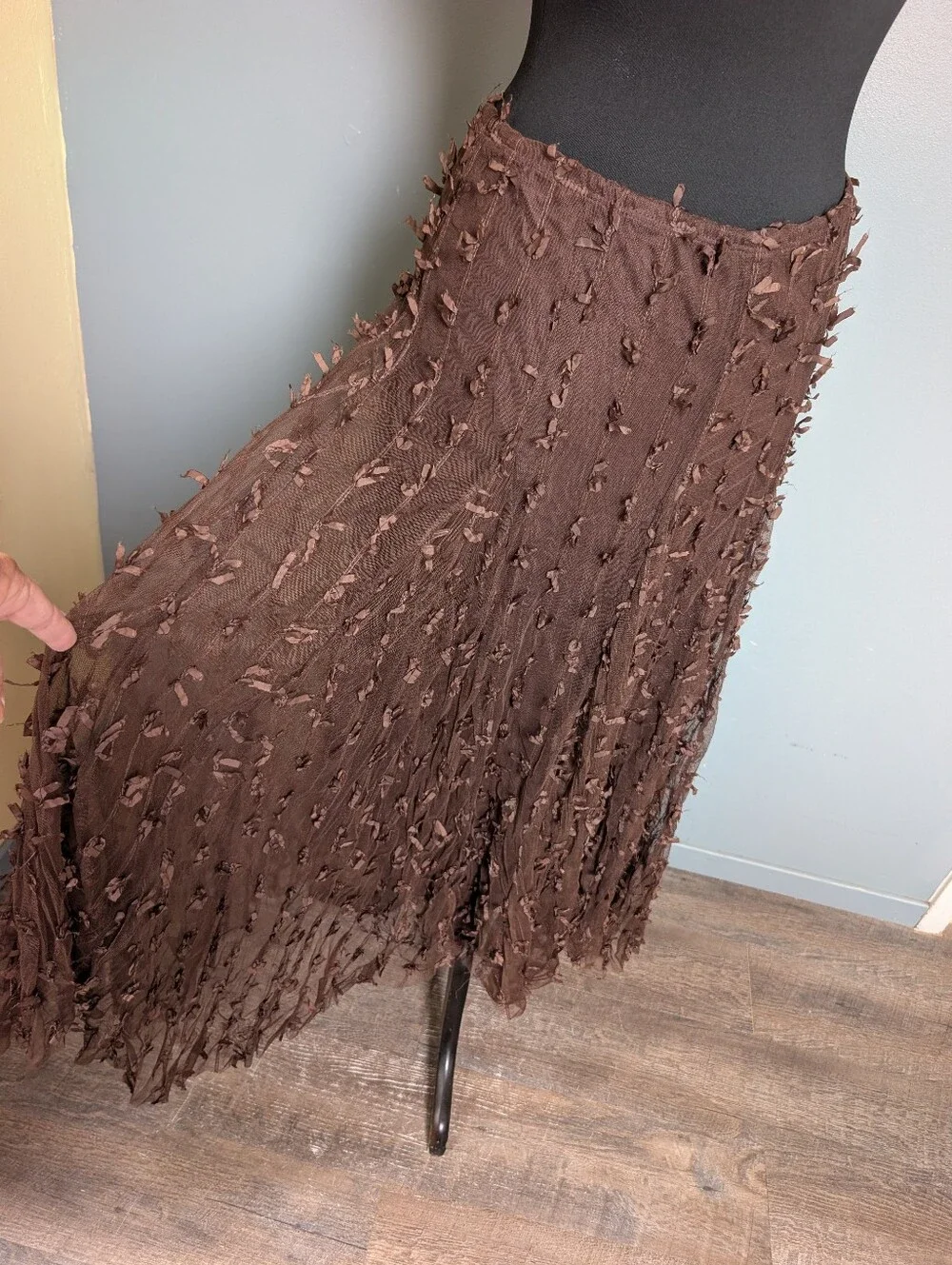Handkerchief Hem Brown Tulle Ribbon Midi Skirt - Picture 3 of 11